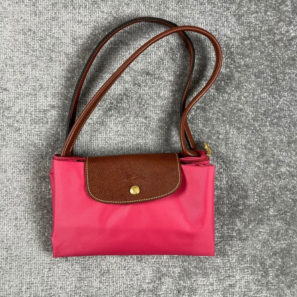 Longchamp Le Pliage Original Pink Canvas Leather Shoulder Bag Tote France